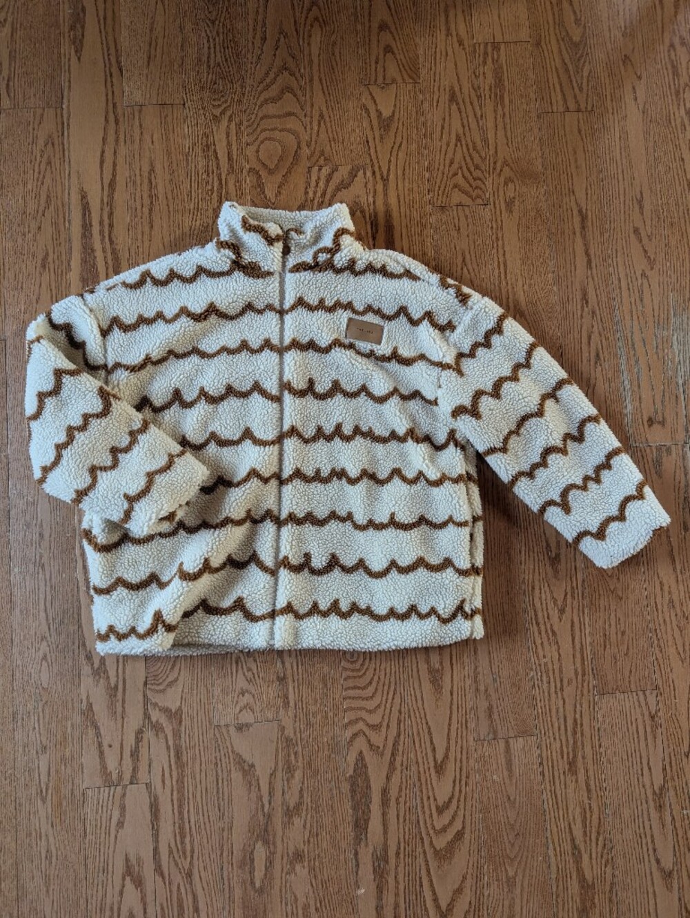 Cozy Cream Fleece Sherpa Sweater/Jacket with Brown Wave Stripes